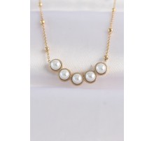 316L Çelik Zincir Altın Renk Sıralı İnci Taşlı Kolye - TJ-BKO8655