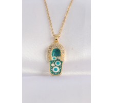 316L Çelik Zincir Zirkon Taşlı Altın Renk Nazarlı Terlik Tasarımlı Kolye - TJ-BKO8664