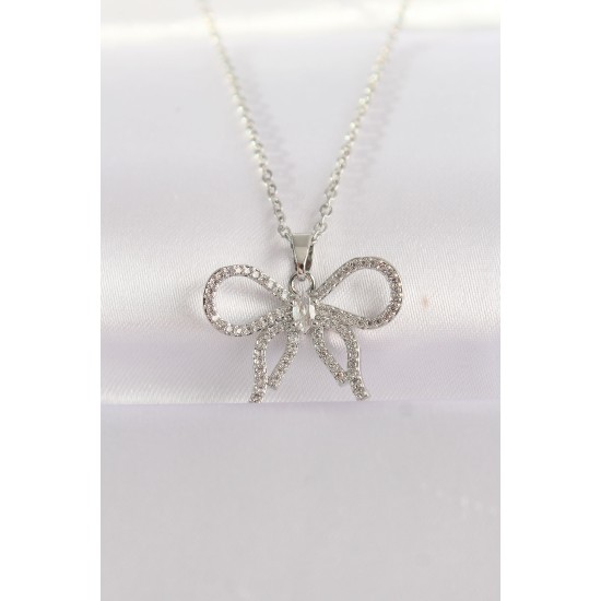 316L Çelik Zincir Gümüş Renk Zirkon Taşlı Fiyonk Kolye - TJ-BKO8671