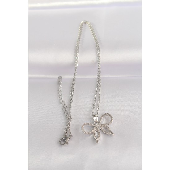 316L Çelik Zincir Gümüş Renk Zirkon Taşlı Fiyonk Kolye - TJ-BKO8671