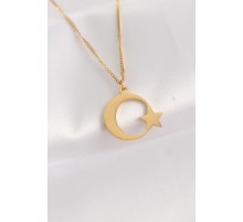 316L Çelik Zincir Altın Renk Düz Plaka Ay Yıldız Kolye - TJ-BKO8673