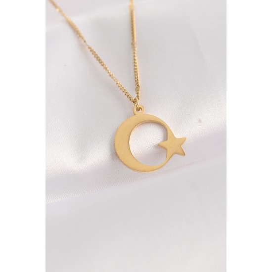 316L Çelik Zincir Altın Renk Düz Plaka Ay Yıldız Kolye - TJ-BKO8673