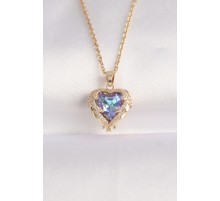 316L Çelik Zincir Altın Renk Zirkon Taşlı Mavi Mor Renkli Kalp Figür Kolye - TJ-BKO8685