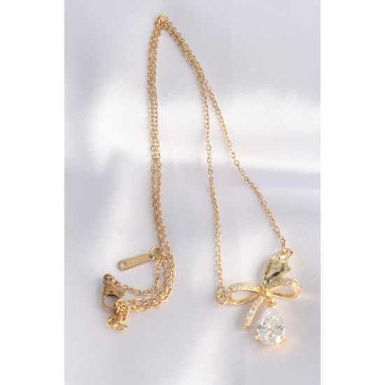 316L Çelik Zincir Altın Renk Zirkon Taşlı Damla Detay Fiyonk Kolye - TJ-BKO8690