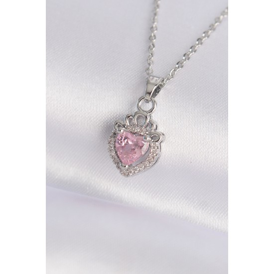 316L Çelik Zincir Gümüş Renk Pembe Zirkon Taşlı Rapunzel Kolye - TJ-BKO8691