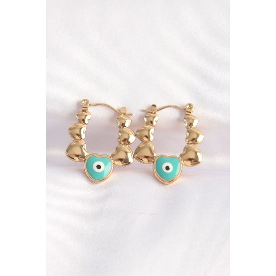 316L Çelik Gold Renk Mavi Nazarlı Kalpli Model Küpe - TJ-BKP8948