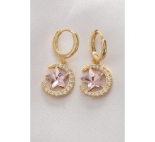 Pirinç Gold Renk Pembe Zirkon Taşlı Yıldız Detay Ay Küpe - TJ-BKP8965