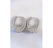 Pirinç Gümüş Renk Tırtık Detay Bombeli Halka Küpe - TJ-BKP8973