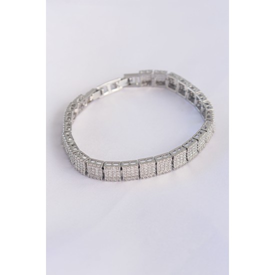 Vip Seri Pirinç Zirkon Taşlı Gümüş Renk Kare Su Yolu Model Bileklik - TJ-BB6069