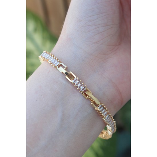 Vip Seri Pirinç Pembe Zirkon Taşlı Gold Renk Baget Model Bileklik - TJ-BB6078