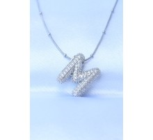 316L Çelik Zincirli Zirkon Taşlı M Harfli Gümüş Renk Bubble Kolye - TJ-BKO8727