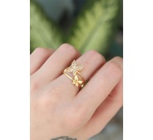 Pirinç Gold Renk Ayarlanabilir Zirkon Taşlı Kelebek Yüzük - TJ-BYK3190