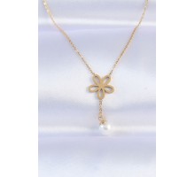 316L Çelik Zincir Gold Renk İnci Detay Çiçek Kolye - TJ-BKO8730