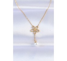 316L Çelik Zincir Gold Renk İnci Detay Çiçek Kolye - TJ-BKO8730