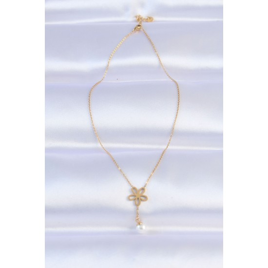 316L Çelik Zincir Gold Renk İnci Detay Çiçek Kolye - TJ-BKO8730