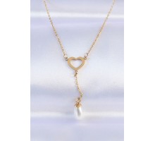 316L Çelik Zincir Gold Renk İnci Taş Detay Kalp Kolye - TJ-BKO8731