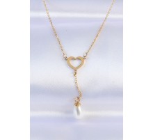 316L Çelik Zincir Gold Renk İnci Taş Detay Kalp Kolye - TJ-BKO8731