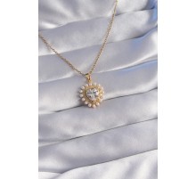 316L Çelik Zincir Gold Renk İncili Zirkon Taşlı Kalp Tasarımlı Kolye - TJ-BKO8762