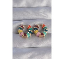 Pirinç Gold Renk Mineli Çok Renkli Kabartmalı Halka Küpe - TJ-BKP9077