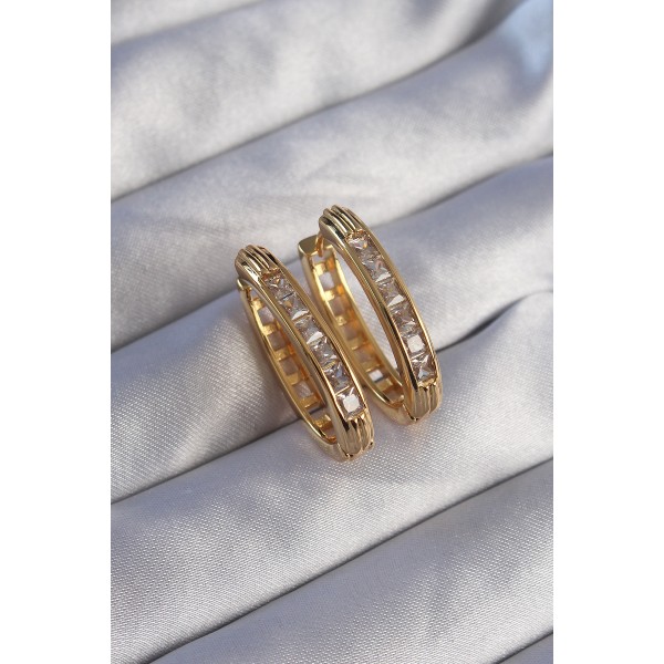 Pirinç Gold Renk Zirkon Taşlı Oval Model Küpe - TJ-BKP9079