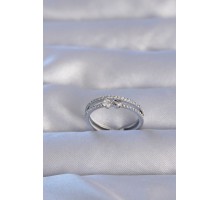 Pirinç Gümüş Renk Zirkon Taşlı Kalpli Su Yolu Model Ayarlanabilir Yüzük - TJ-BYK3220