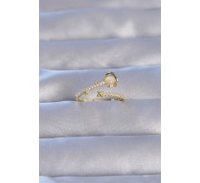 Pirinç Gold Renk Zirkon Taşlı İncili Satürn Model Ayarlanabilir Yüzük - TJ-BYK3223