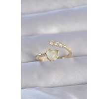 Pirinç Gold Renk Zirkon Taşlı Sedefli Kalp Model Ayarlanabilir Yüzük - TJ-BYK3233