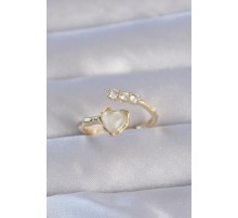 Pirinç Gold Renk Zirkon Taşlı Sedefli Kalp Model Ayarlanabilir Yüzük - TJ-BYK3233