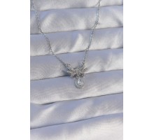 316L Çelik Zincirli Gümüş Renk Zirkon Taşlı Damla Detay Fiyonk Model Kolye - TJ-BKO8897