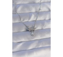 316L Çelik Zincirli Gümüş Renk Zirkon Taşlı Damla Detay Fiyonk Model Kolye - TJ-BKO8897