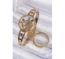 316L Çelik Altın Renk İçi Yaşam Ağacı ve Nazar Boncuk Figürlü Açılabilir Fanus Kelepçe - TJ-BB6158