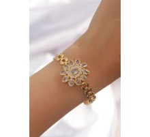 Pirinç Gold Renk İri Zirkon Taşlı Çiçek Figürlü Bileklik - TJ-BB6141