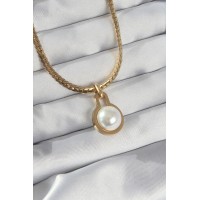 316L Çelik Gold Renk Yassı Zincir İnci Taşlı Kolye TJ-BKO8903