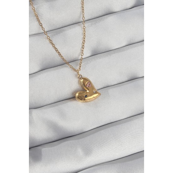 316L Çelik Zincir Gold Renk Renkli Zirkon Taşlı Kalp Kolye - TJ-BKO8905