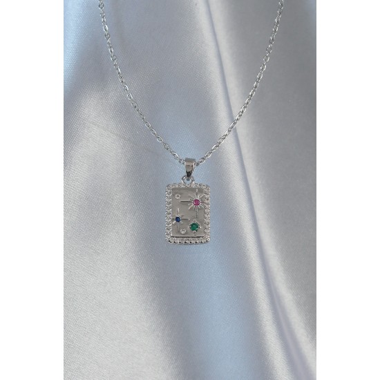 316L Çelik Zincir Gümüş Renk Renkli Zirkon Taşlı Vintage Kolye - TJ-BKO8910