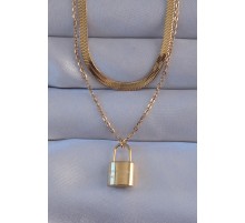 316L Çelik Gold Renk Çift Zincir Kilit Model Kolye - TJ-BKO8941