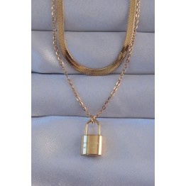 316L Çelik Gold Renk Çift Zincir Kilit Model Kolye TJ-BKO8941