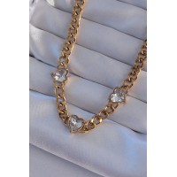 316L Çelik Gold Renk Zirkon Taşlı Kalp Model Zincir Kolye TJ-BKO8949