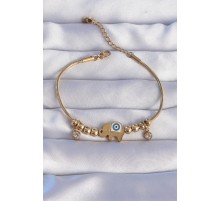316L Çelik Gold Renk Zirkon Taşlı Nazarlı Fil Tasarımlı Bileklik - TJ-BB6202