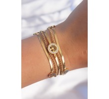 316L Çelik Gold Renk İtalyan Zincir Detaylı Zirkon Taşlı Yaşam Ağacı Tasarımlı Çoklu Bileklik - TJ-BB6205