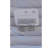 Pirinç Gümüş Renk Zirkon Taşlı Kalp Model Çoklu Görünüm Yarım Halka Küpe - TJ-BKP9143