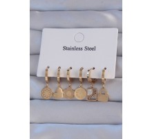 316L Çelik Gold Renk Zirkon Taşlı Çiçek Figürlü Kalp Model Halka Küpe Seti - TJ-BKP9154