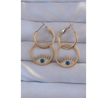 316L Çelik Gold Renk Zirkon Taşlı Mavi Göz Tasarımlı Halka Küpe - TJ-BKP9164