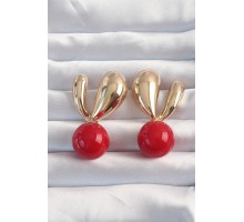 Pirinç Gold Renk Kırmızı Yuvarlak Tasarım Küpe - TJ-BKP9171