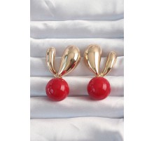 Pirinç Gold Renk Kırmızı Yuvarlak Tasarım Küpe - TJ-BKP9171