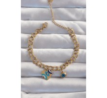 316L Çelik Gold Renk Nazarlı Kalp Model Zincir Bileklik - TJ-BB6227