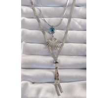 316L Çelik Gümüş Renk Zirkon Taşlı Göz Detay Nazarlı Uzun Asansör Model Kolye - TJ-BKO8961