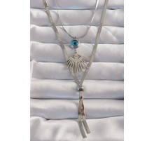 316L Çelik Gümüş Renk Zirkon Taşlı Göz Detay Nazarlı Uzun Asansör Model Kolye - TJ-BKO8961