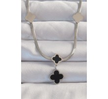 316L Çelik Gümüş Renk İtalyan Zincirli Mineli Yonca Kolye - TJ-BKO8970