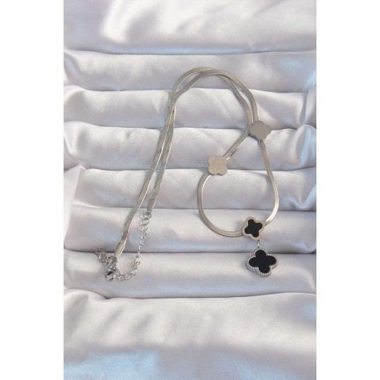 316L Çelik Gümüş Renk İtalyan Zincirli Mineli Yonca Kolye - TJ-BKO8970